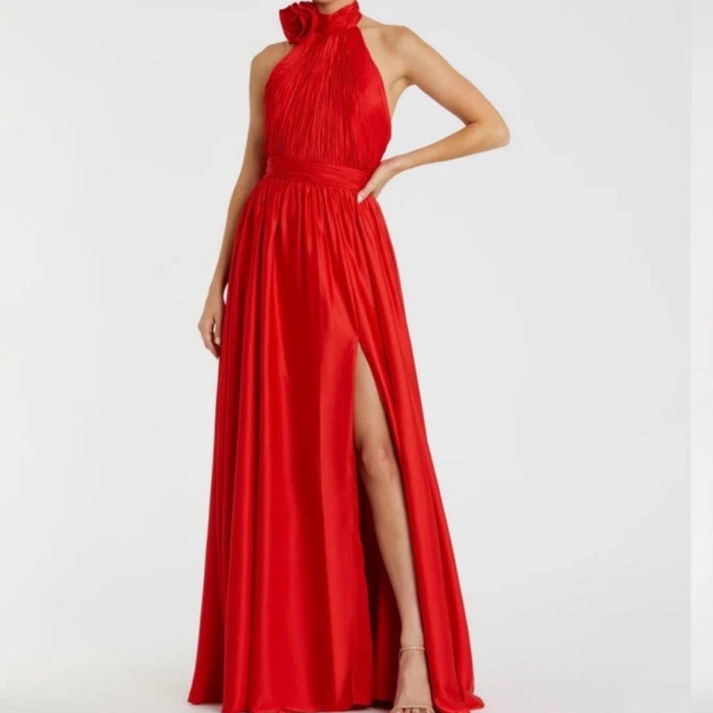 Mac Duggal Women’s Red Soft Halter Neck High Slit Gown Size 12